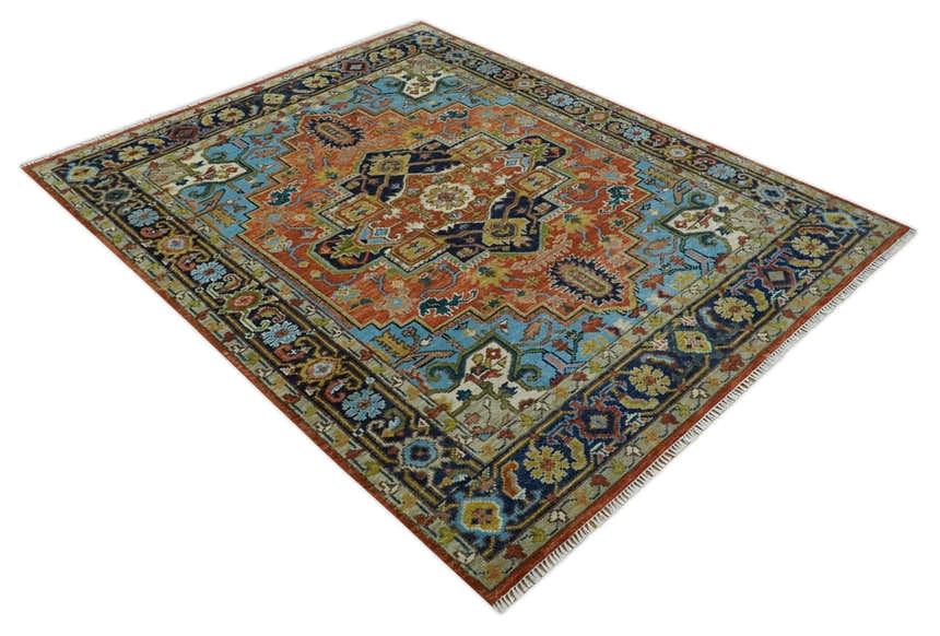 Ready to Ship 8x10 Rust and Blue Traditional Hand Knotted Wool Area Rug