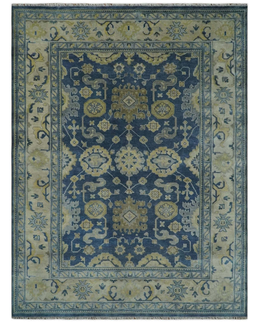 Ready to Ship 9x12 Hand Knotted Blue and Beige Traditional Oushak Wool Rug