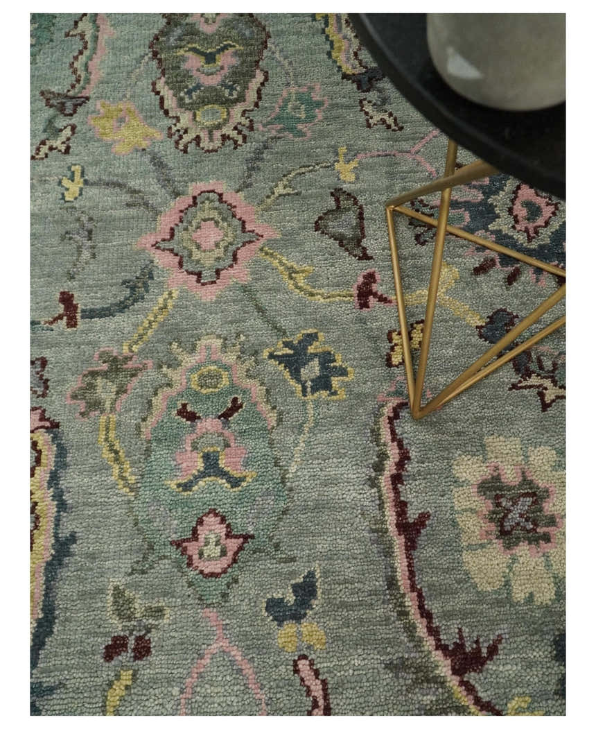 Ready to Ship Aqua and Pink Traditional Oushak Wool Area Rug