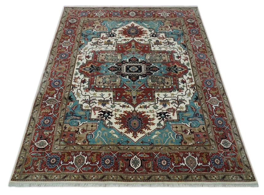 Ready to Ship Blue, Rust and Ivory 8x10 Hand knotted Traditional Wool Area Rug