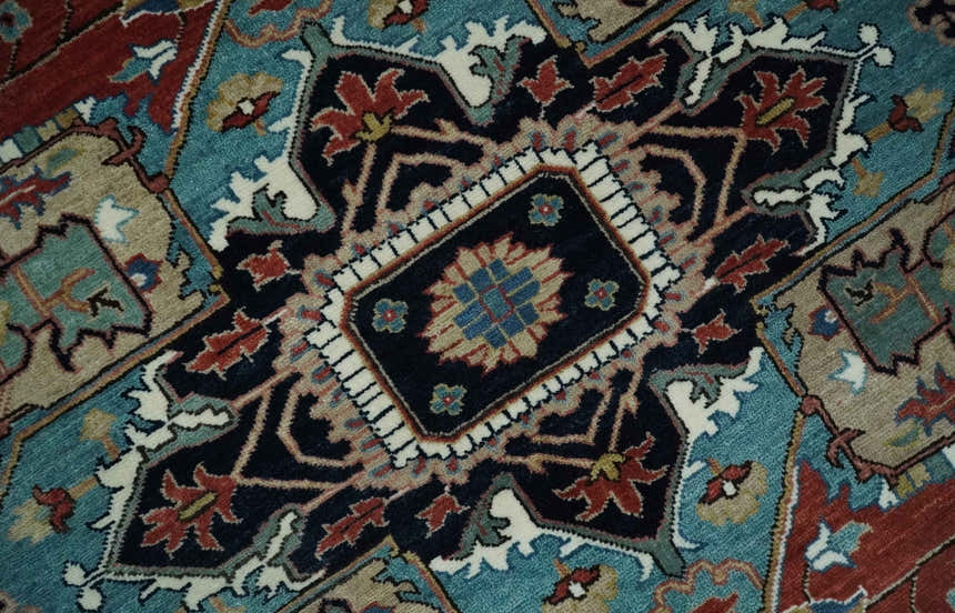 Ready to Ship Blue, Rust and Ivory 8x10 Hand knotted Traditional Wool Area Rug