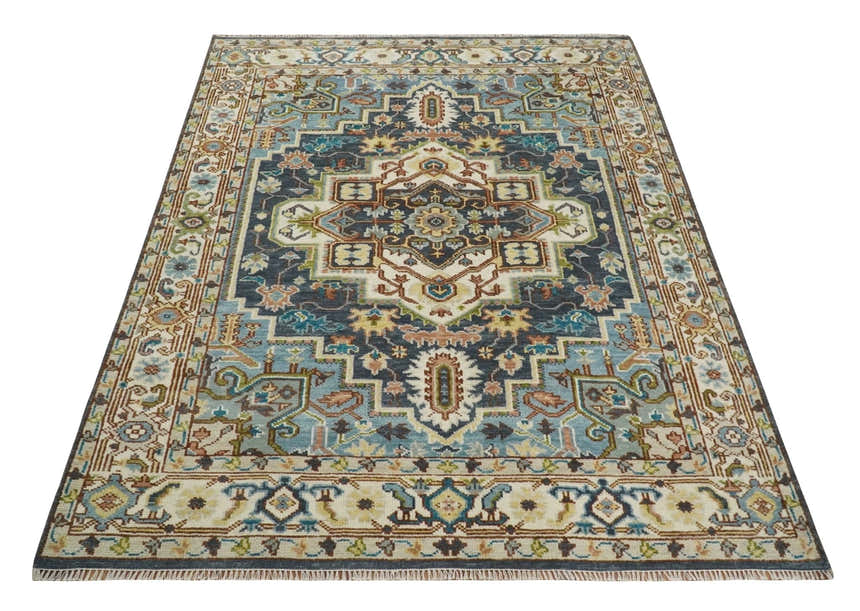 Ready to Ship Hand Knotted Antique Style Turkish Heriz Medallion Ivory and Blue Wool Rug