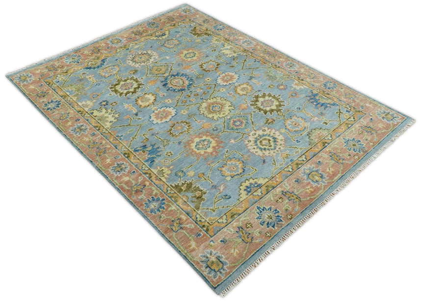 Ready to Ship Hand Knotted Blue and Rust Modern Oushak Area Rug