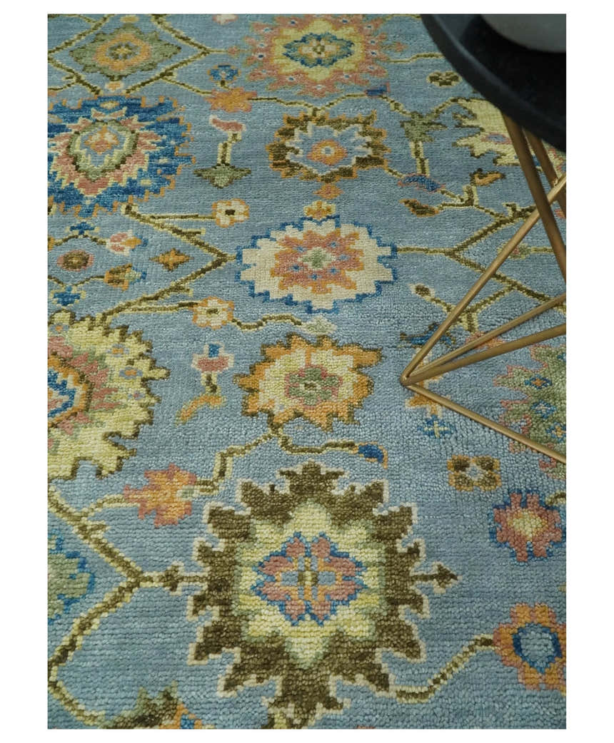 Ready to Ship Hand Knotted Blue and Rust Modern Oushak Area Rug