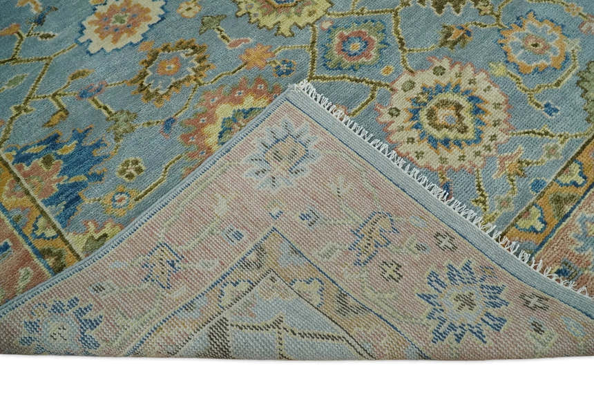 Ready to Ship Hand Knotted Blue and Rust Modern Oushak Area Rug