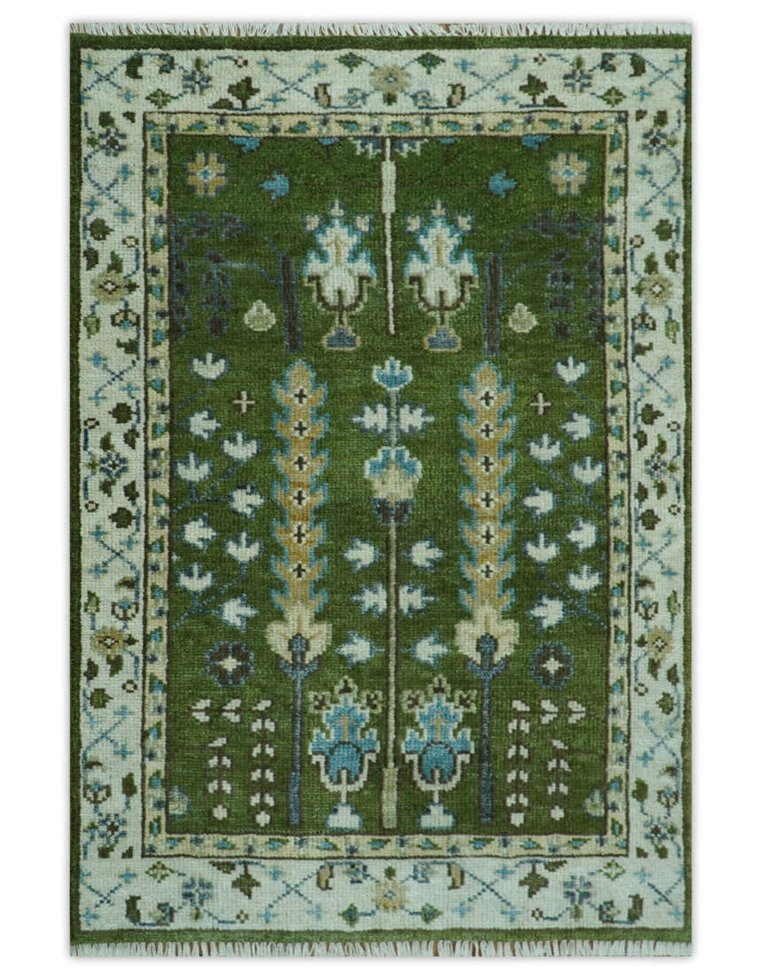 Ready to Ship Hand Knotted Green and Ivory Traditional Wool Area Rug