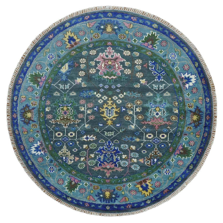 Ready to Ship Hand Knotted Green Moss and Blue Traditional Turkish Design Wool Rug