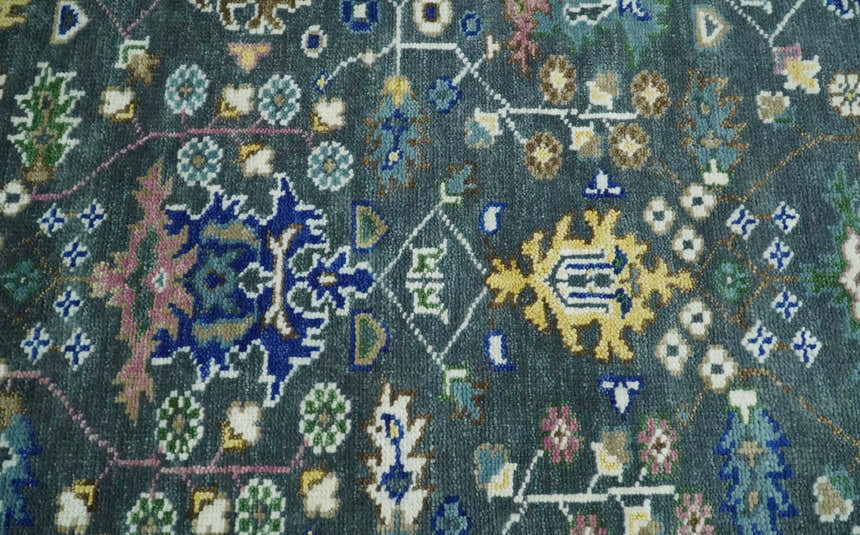 Ready to Ship Hand Knotted Green Moss and Blue Traditional Turkish Design Wool Rug