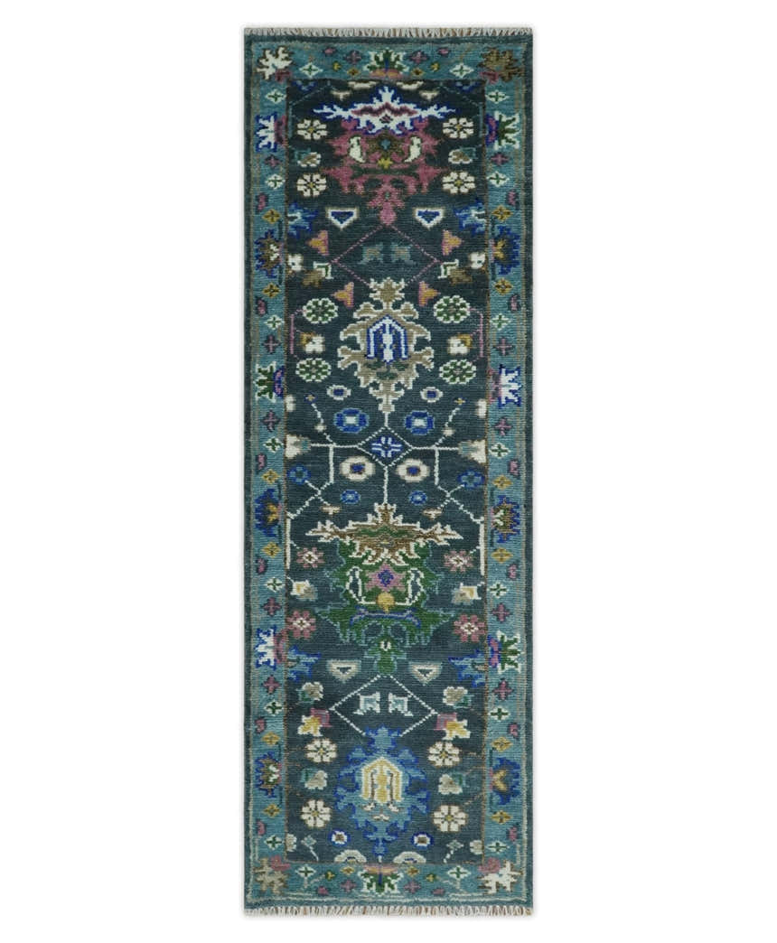 Ready to Ship Hand Knotted Green Moss and Blue Traditional Turkish Design Wool Rug