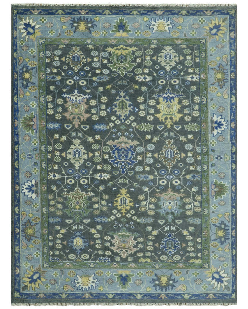 Ready to Ship Hand Knotted Green Moss and Blue Traditional Turkish Design Wool Rug
