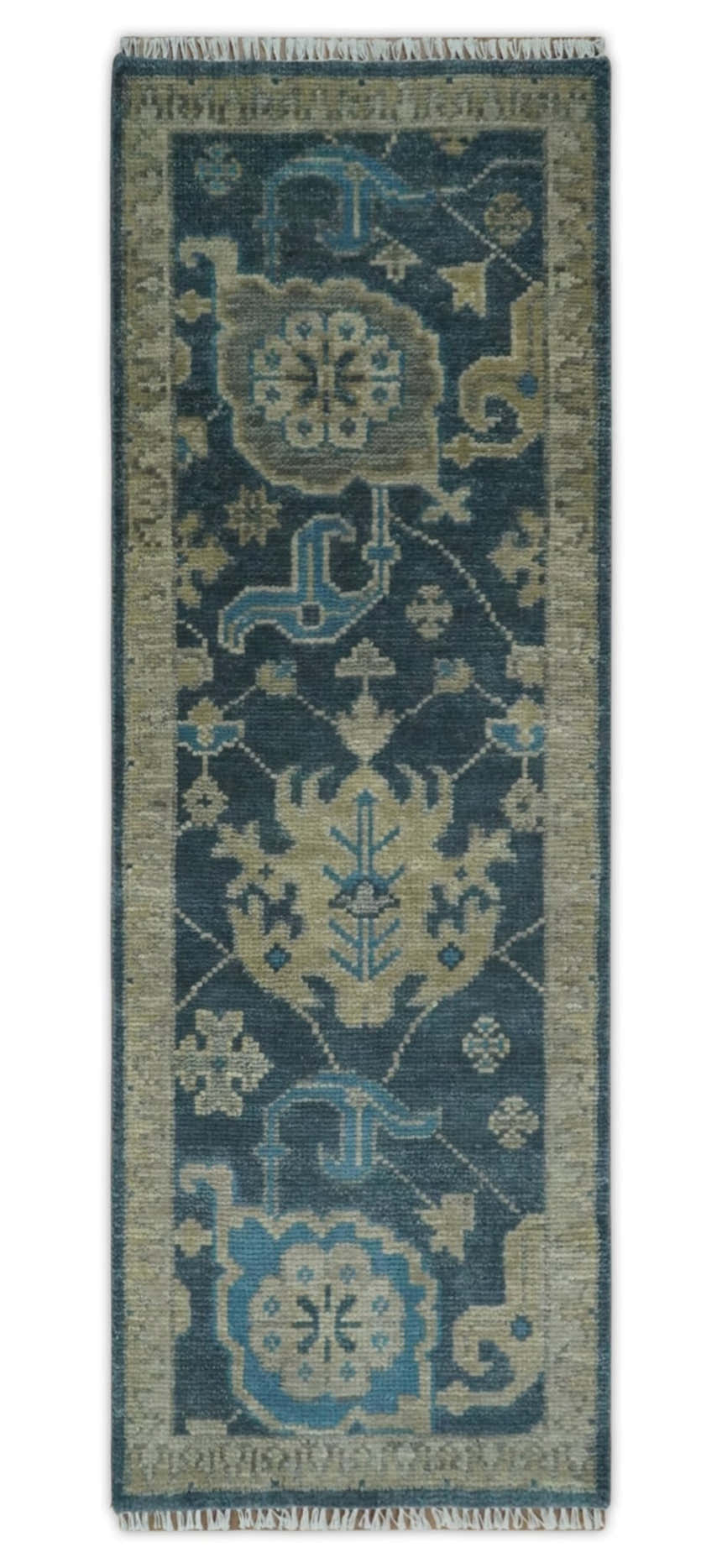 Ready to Ship Hand Knotted Oriental Turkish Oushak Blue and Camel Wool Area Rug