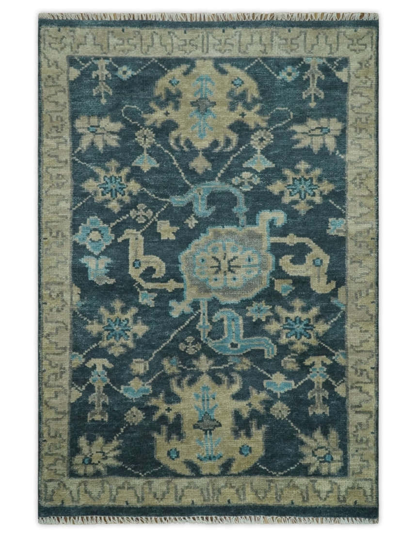Ready to Ship Hand Knotted Oriental Turkish Oushak Blue and Camel Wool Area Rug