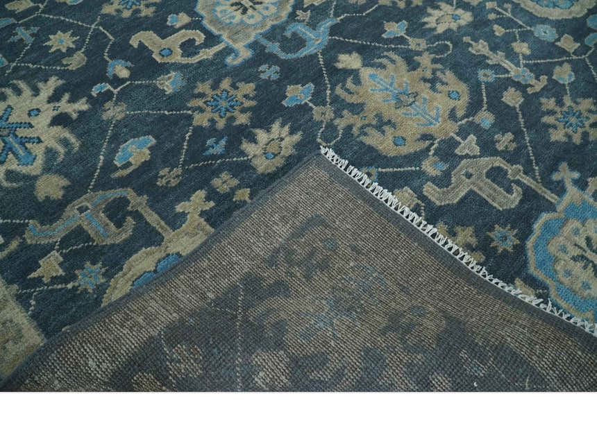 Ready to Ship Hand Knotted Oriental Turkish Oushak Blue and Camel Wool Area Rug
