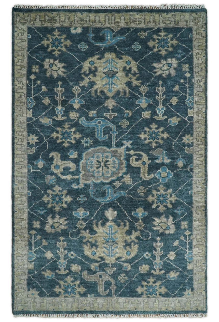 Ready to Ship Hand Knotted Oriental Turkish Oushak Blue and Camel Wool Area Rug