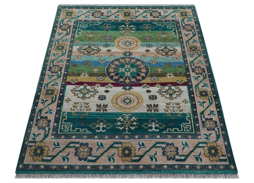 Ready to Ship Peach And Teal Traditional Hand Knotted 8x10 Wool Rug