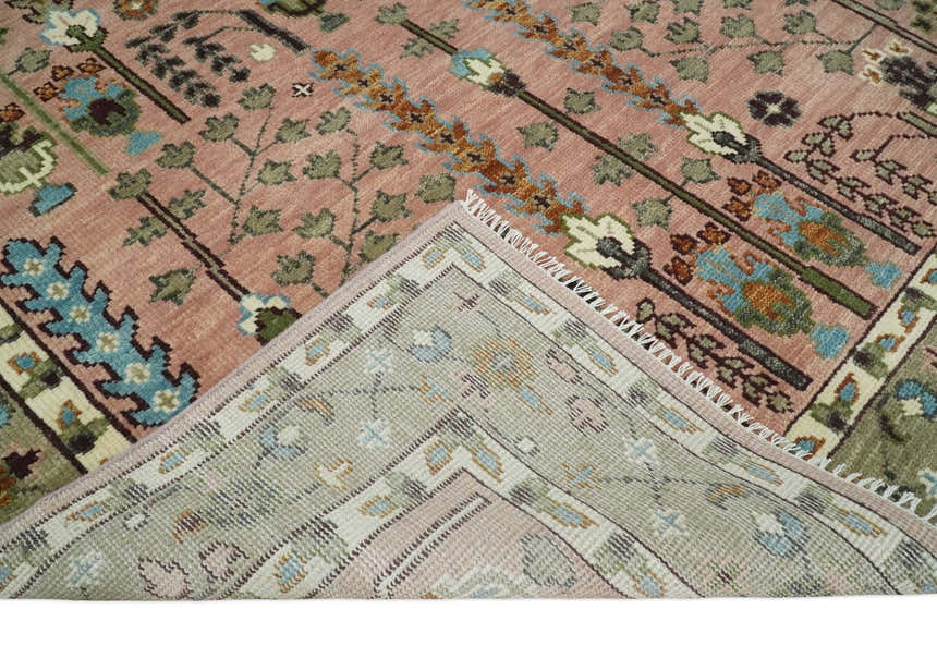 Ready to Ship Pink, Olive and Beige Traditional Vintage Style Tree Wool Rug