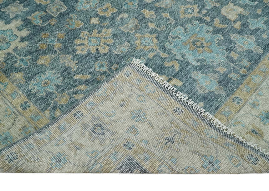 Ready to Ship Teal And Beige Hand Knotted 6X9 Oushak Wool Rug