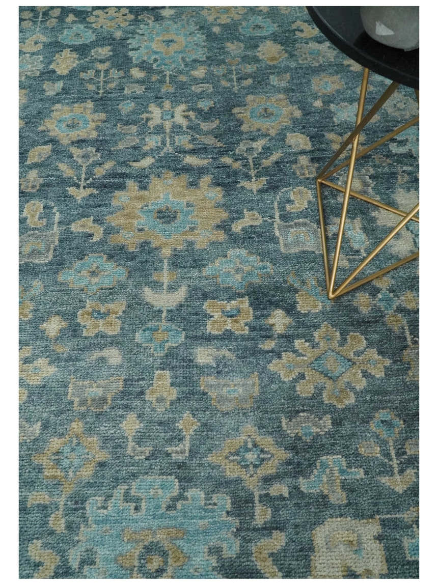 Ready to Ship Teal And Beige Hand Knotted 6X9 Oushak Wool Rug