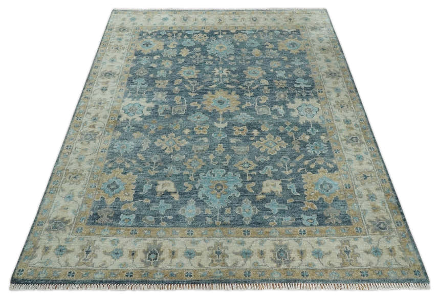 Ready to Ship Teal And Beige Hand Knotted 9X12 Oushak Wool Rug