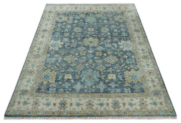 Ready to Ship Teal And Beige Hand Knotted 9X12 Oushak Wool Rug