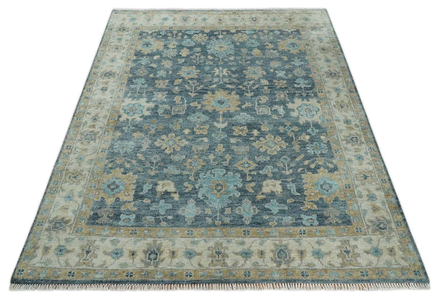 Ready to Ship Teal Blue Hand Knotted Oriental Oushak Ivory and Beige Wool Area Rug
