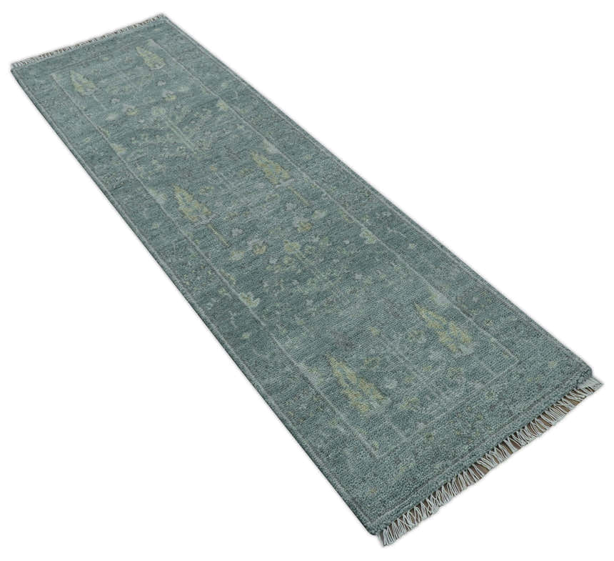 Ready to Ship Tree of life Teal And Beige 2.6x8 Wool Rug