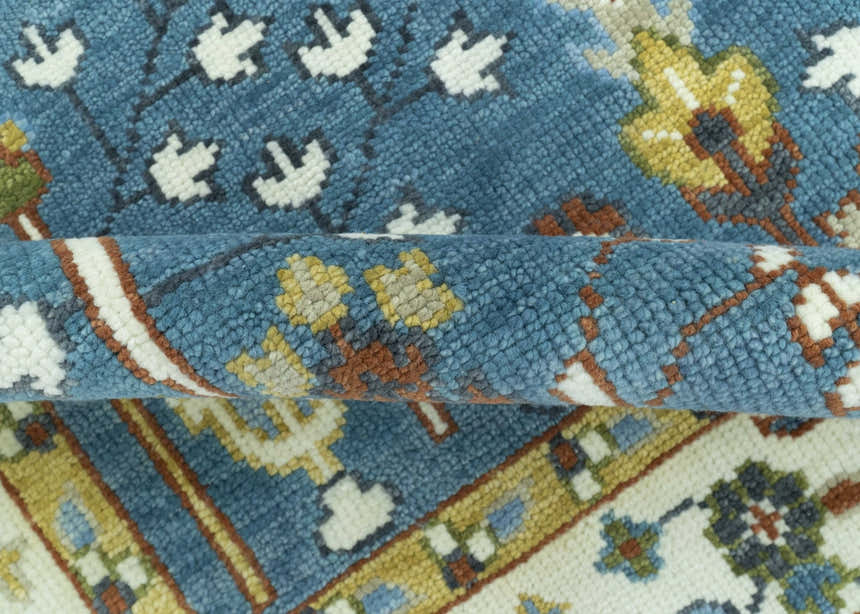 Ready to Ship Tree of Life Traditional Hand Knotted 8x10 Teal Blue and Ivory Wool Area Rug