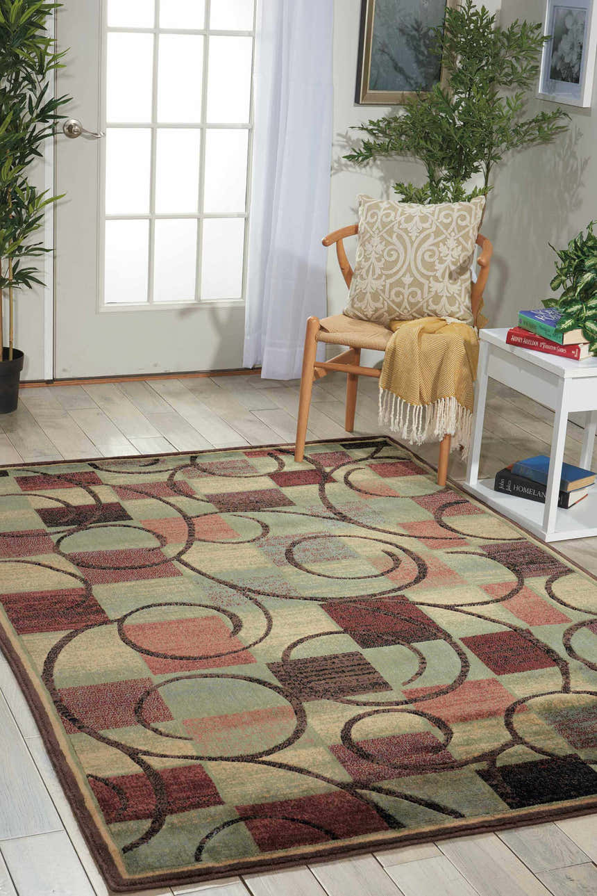 Entryway with Nourison Expressions Brown Modern Indoor Area Rug, featuring geometric shapes and swirling lines.