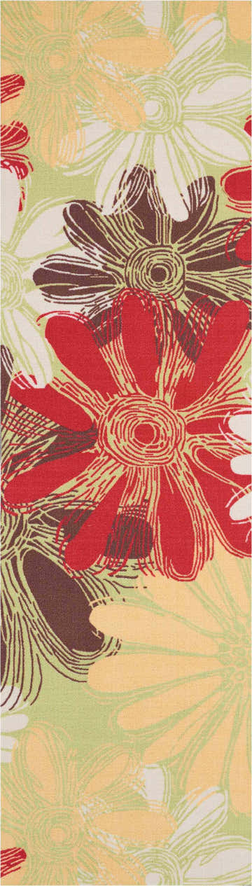 Close-up of Nourison Home & Garden Green Contemporary Area Rug with red, brown, and cream floral pattern.