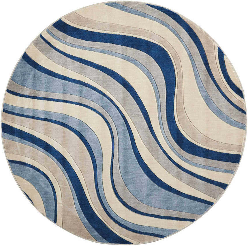 Close-up of round Nourison Somerset Ivory Blue rug. Modern design with wavy blue, gray, and ivory stripes.