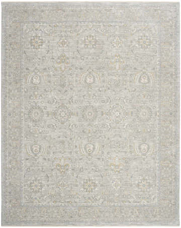 Close-up of the Nourison Envy Grey Vintage Area Rug, showcasing its floral pattern, border, and soft gray tones.