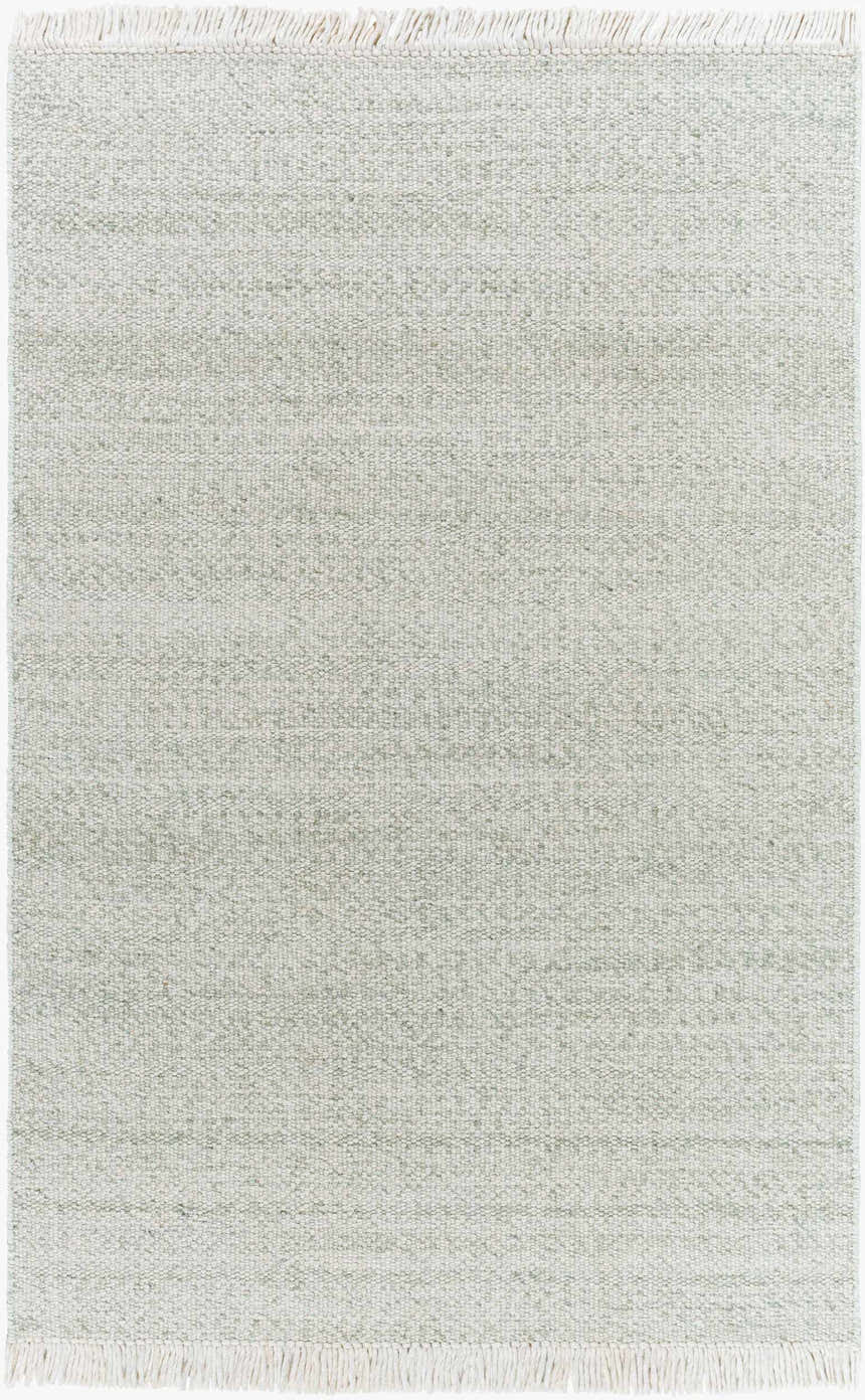 Close-up of Sorell Sage Rug: ecru, ivory, and sage textured weave with fringe. Farmhouse style, 100% wool rug. Design-Rectangle-576