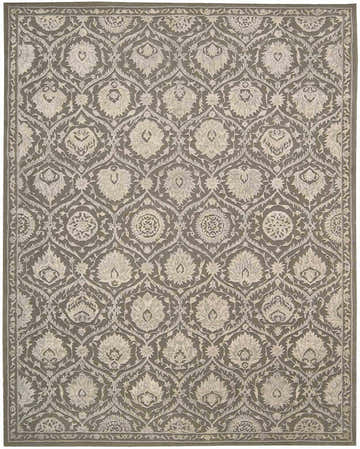 Close-up of Nourison Regal Cobblestone Persian rug. Handmade wool and silk rug with floral pattern in cobblestone color.