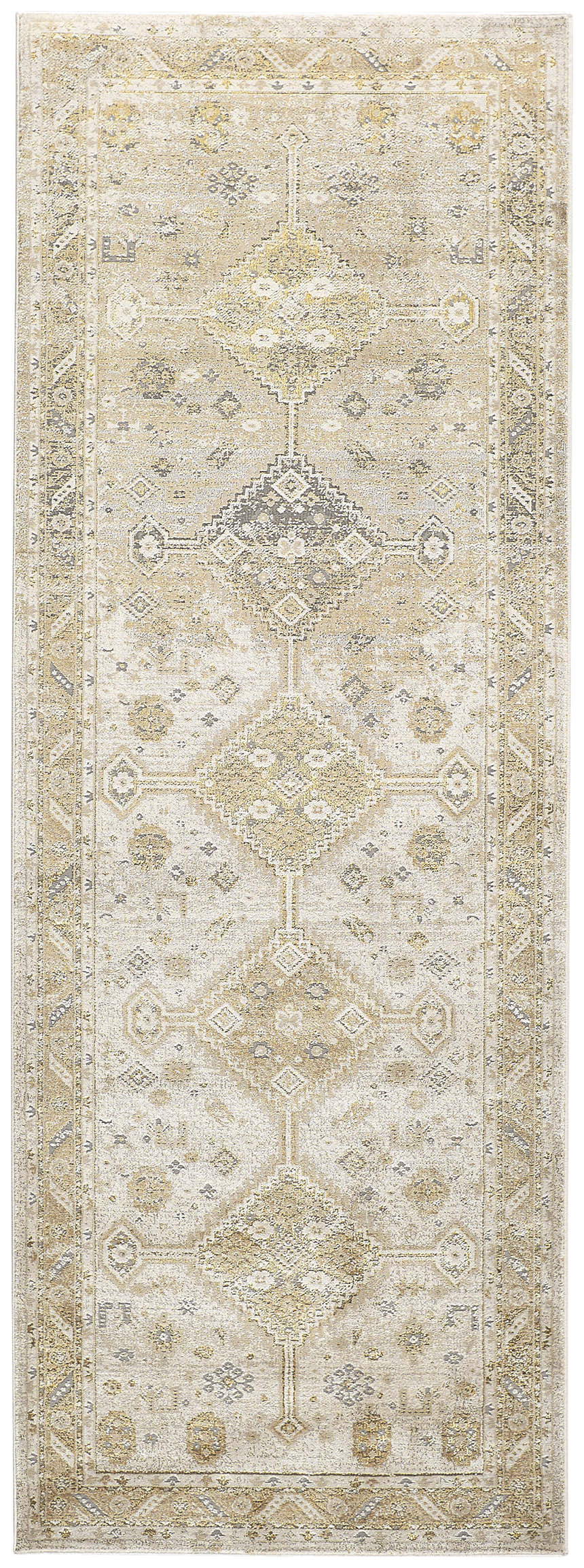 Close-up of Feizy Aura Modern Persian rug in gold and ivory, featuring a traditional geometric pattern. Design-Runner