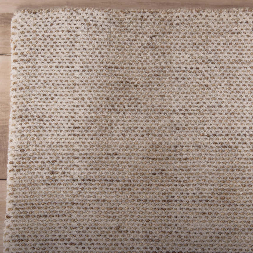 Close-up of the hand-loomed Rizzy RMI677 area rug. Beige and light brown tone on tone solid wool texture. Corner