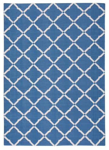 Close-up of the Nourison Home & Garden Navy Contemporary Area Rug. Features a white quatrefoil lattice pattern on a navy blue background.