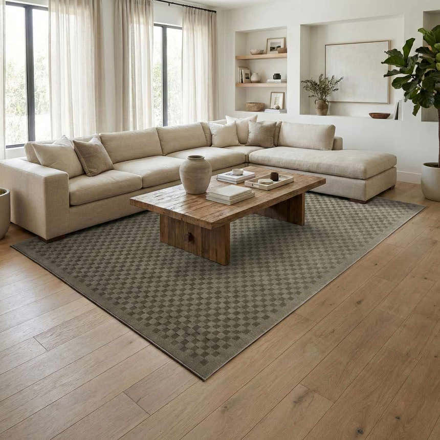 Living room scene with a beige sectional sofa and Gaiwan Olive Green Washable Area Rug with a subtle checkerboard pattern. Roomscene-Rectangle