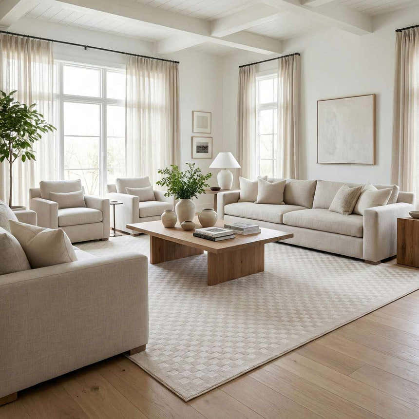 Neutral living room with sofa, chairs, and Gaiwan Cream Washable Area Rug. Roomscene-Rectangle