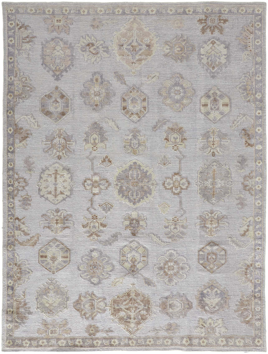 Feizy Wendover Area Rug, ivory, silver, and tan oriental pattern. Hand-knotted transitional rug. Design-Rectangle