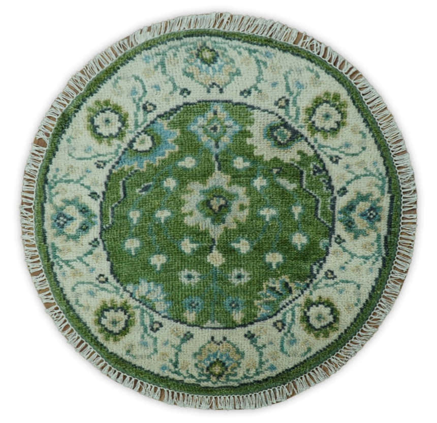 Royal Green and Ivory Custom Made Hand knotted Traditional Oushak wool Area Rug