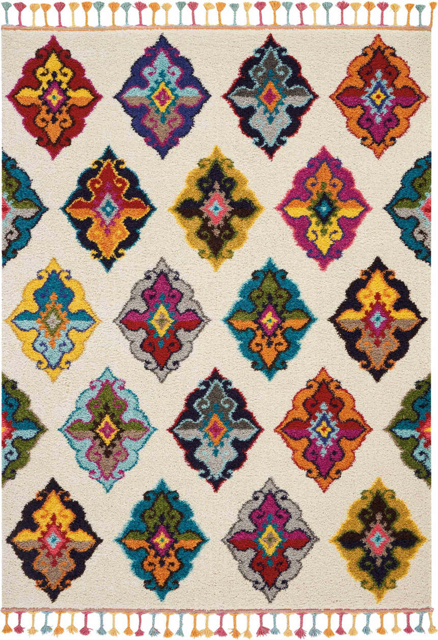 Close-up of Nourison Nomad Ivory Multicolor Floral Area Rug with colorful diamond-shaped medallions and tassels.