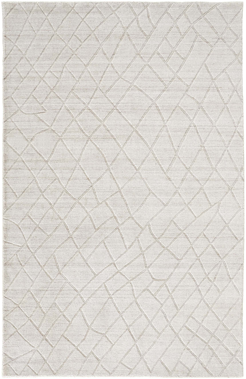 Close-up of the Feizy Redford Transitional Solid Ivory/Gray Area Rug, featuring a geometric diamond pattern and subtle texture. Design-Rectangle