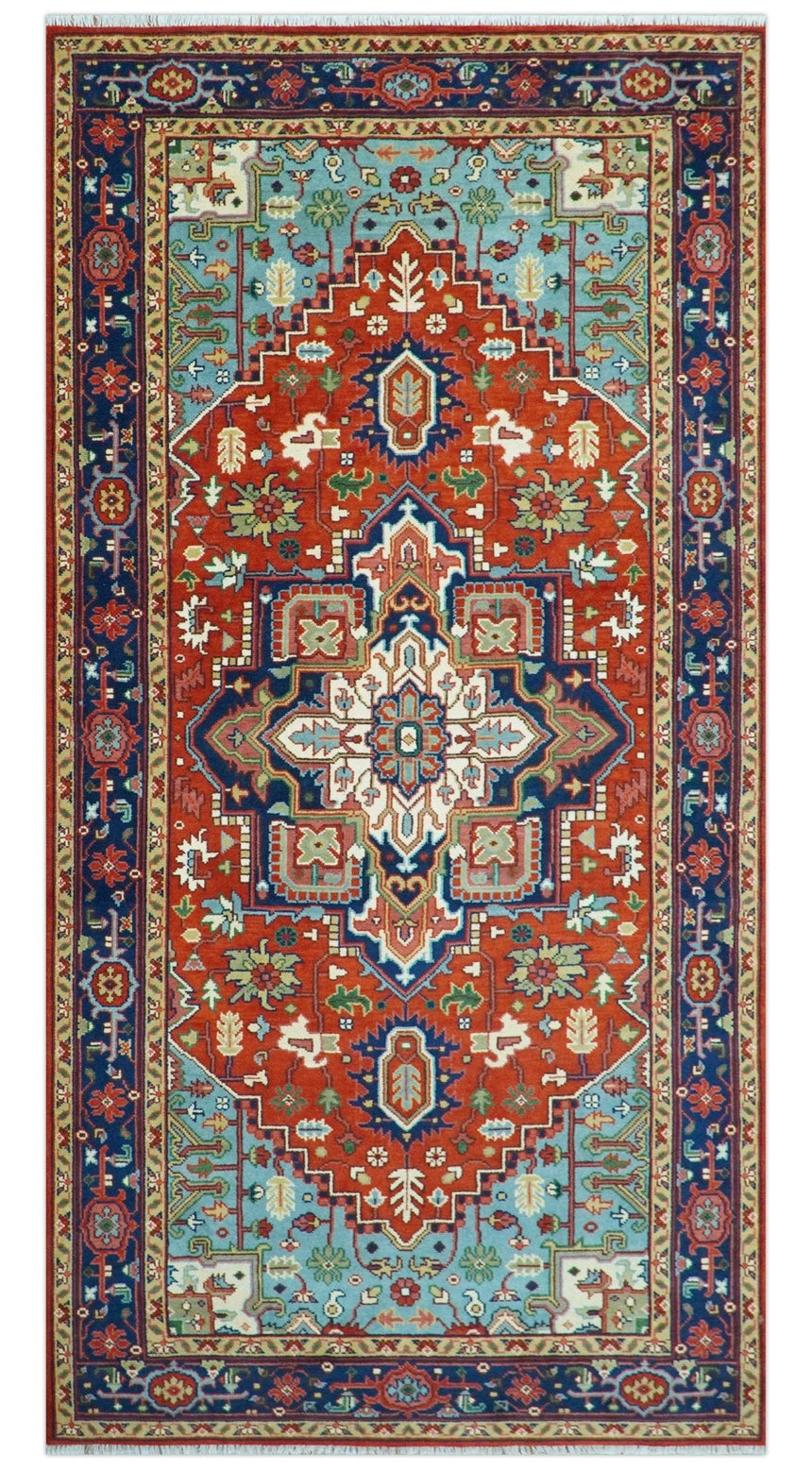 Rust and Blue Hand Knotted Traditional Heriz Serapi Multi Size wool Area Rug