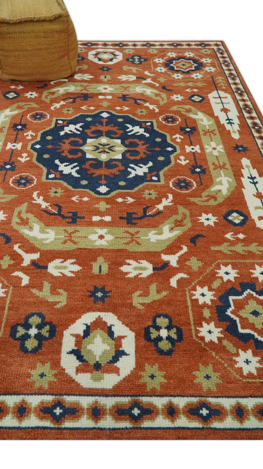 Rust and Blue Hand Knotted Traditional Medallion Mamluk Design Multi Size wool Rug