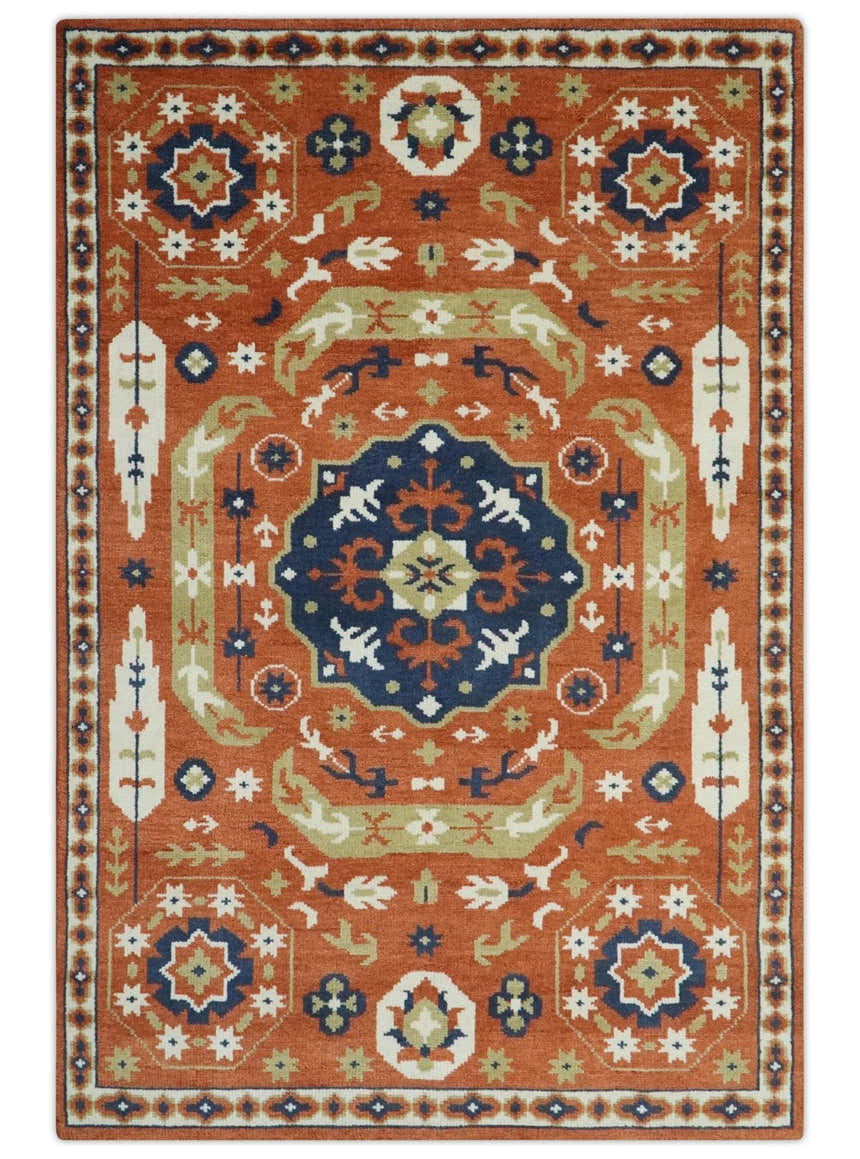 Rust and Blue Hand Knotted Traditional Medallion Mamluk Design Multi Size wool Rug