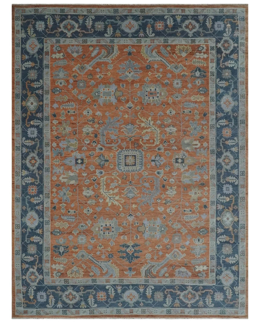Rust, Blue and Silver Hand Knotted Traditional Multi Size Oushak Wool Area Rug