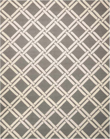 Close-up of the Nourison Linear Grey Ivory rug, featuring a modern geometric lattice pattern. Wool and cotton texture.