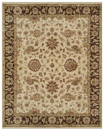 Close-up of Feizy Drake Traditional Persian rug. Ivory field, brown border, floral pattern, hand-knotted wool texture. Design-Rectangle