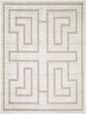 Close-up of the Studio Edit Rachel Zoe x LIVABLISS RZSE-2301 Area Rug. Beige geometric maze pattern on cream. Machine woven texture. Design-Rectangle