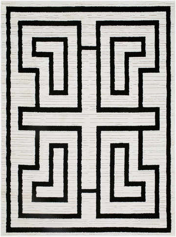 Close-up of the Studio Edit Machine Woven Rachel Zoe x LIVABLISS RZSE-2305 Area Rug. Black geometric pattern on cream textured rug. Design-Rectangle